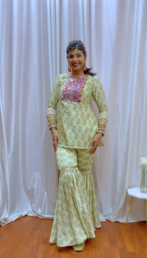 Kzari Green Printed Kurta Sharara Set with Bandhani Dupatta and Exquisite Mirror Work